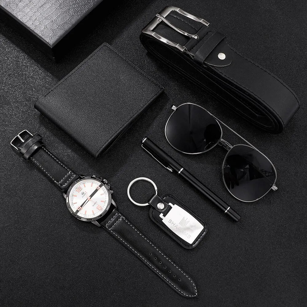 Fantastic Mens Gift Set, 6 in 1, Watch, Glasses, Wallet,Pen, Keychain, Belt,